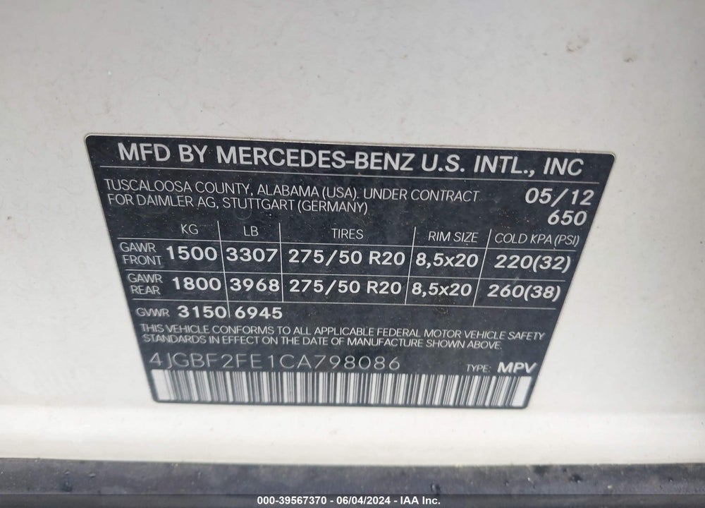 2012 MERCEDES-BENZ GL 350 BLUETEC VIN: 4JGBF2FE1CA798086