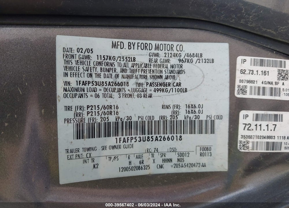 2005 FORD TAURUS SE VIN: 1FAFP53U85A266018