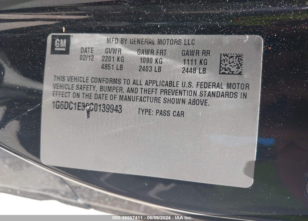 2012 CADILLAC CTS STANDARD VIN: 1G6DC1E30C0139943