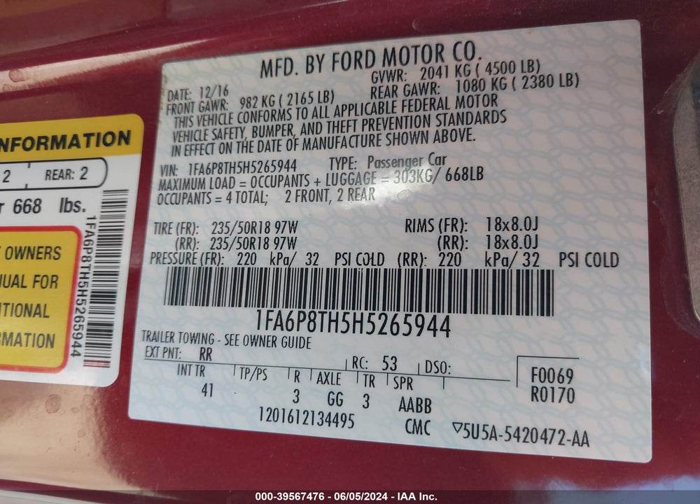2017 FORD MUSTANG ECOBOOST VIN: 1FA6P8TH5H5265944