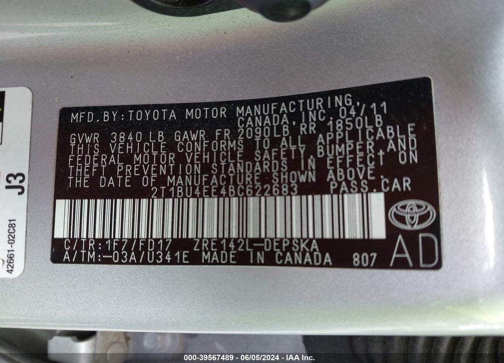 2011 TOYOTA COROLLA S VIN: 2T1BU4EE4BC622683