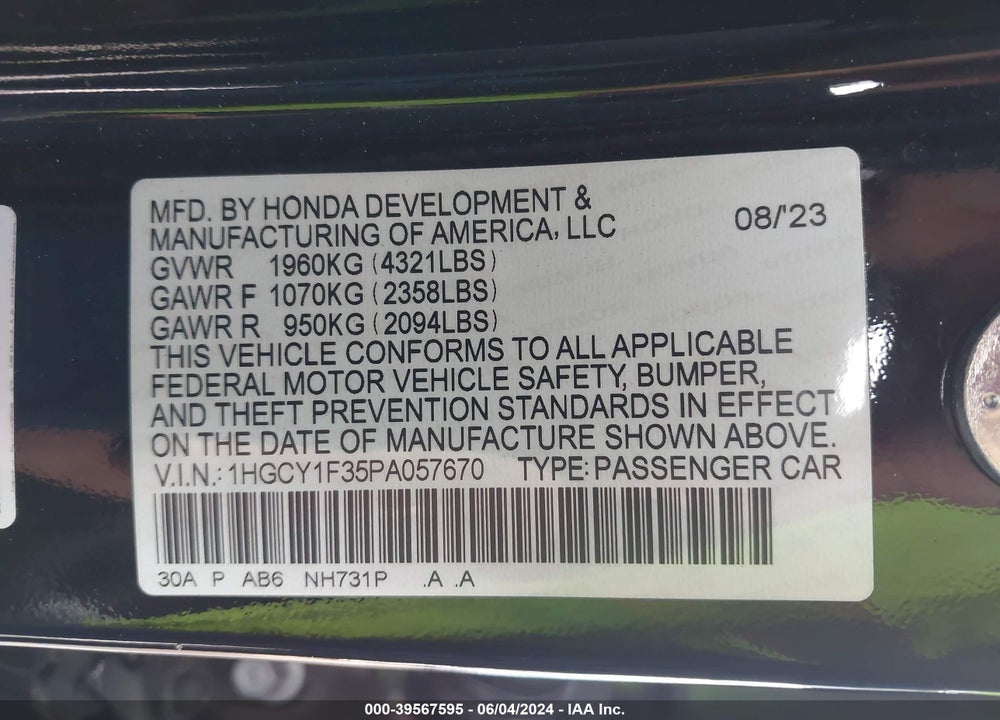 2023 HONDA ACCORD EX VIN: 1HGCY1F35PA057670