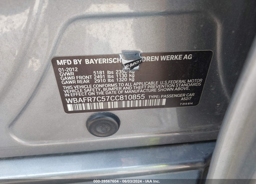 2012 BMW 535I VIN: WBAFR7C57CC810855