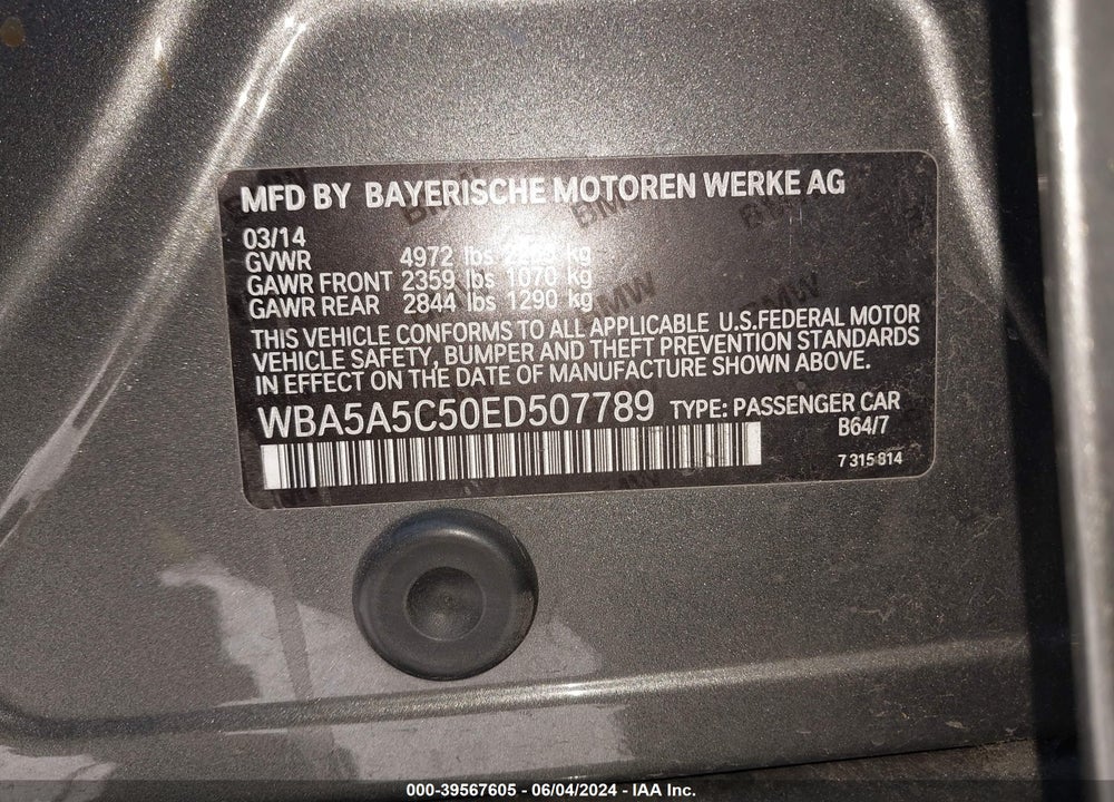 2014 BMW 528I VIN: WBA5A5C50ED507789