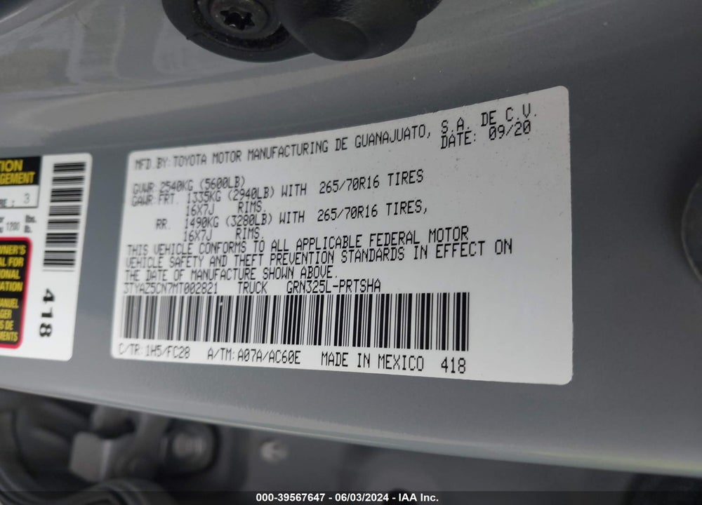 2021 TOYOTA TACOMA VIN: 3TYAZ5CN7MT002821