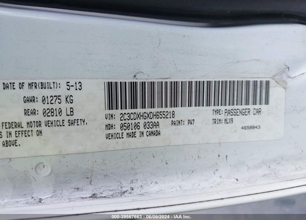 2013 DODGE CHARGER SXT VIN: 2C3CDXHGXDH655218