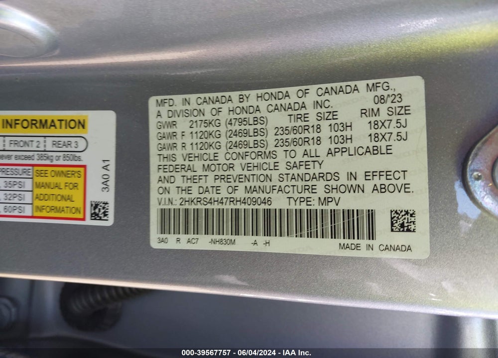 2024 HONDA CR-V EX AWD VIN: 2HKRS4H47RH409046