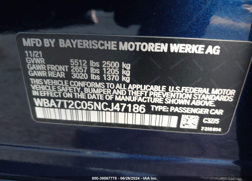 2022 BMW 740 I VIN: WBA7T2C05NCJ47186