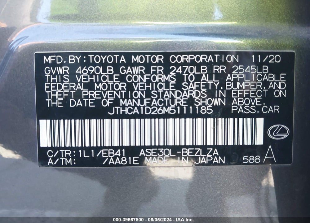2021 LEXUS IS 300 VIN: JTHCA1D26M5111185