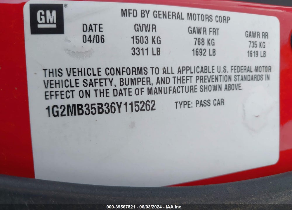 2006 PONTIAC SOLSTICE VIN: 1G2MB35B36Y115262