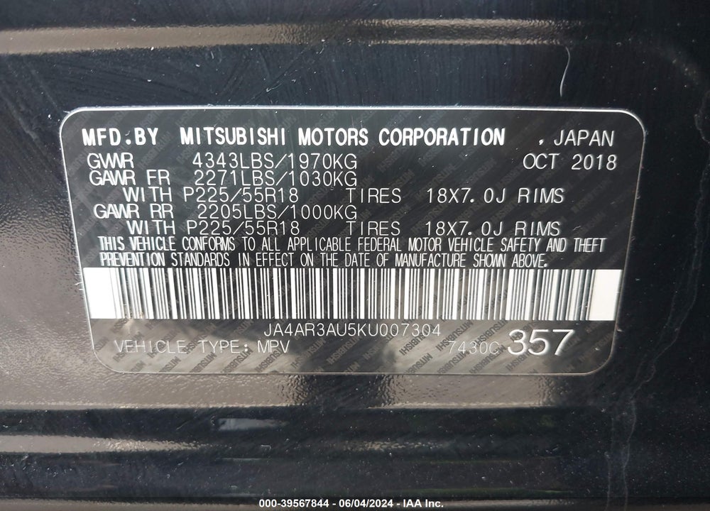 2019 MITSUBISHI OUTLANDER SPORT 2.0 SE VIN: JA4AR3AU5KU007304