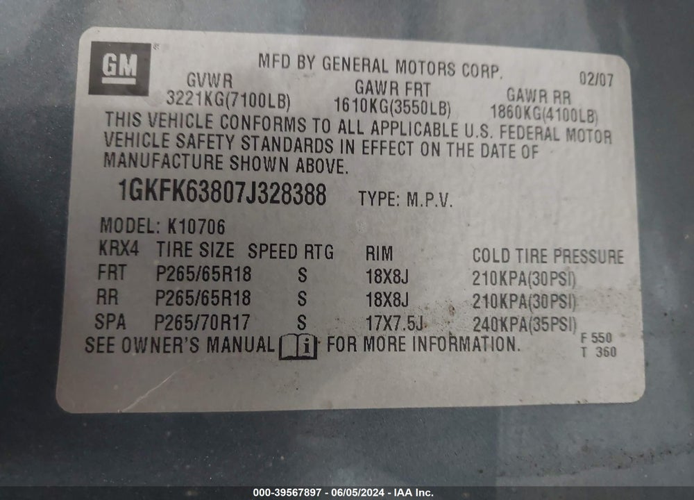 2007 GMC YUKON DENALI VIN: 1GKFK63807J328388