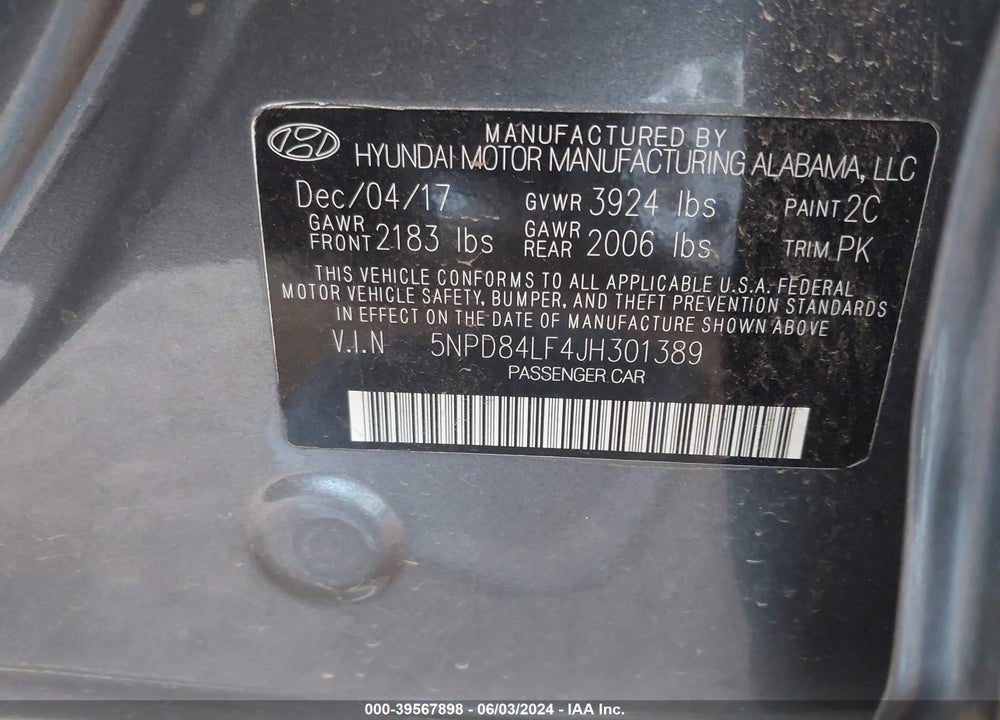 2018 HYUNDAI ELANTRA SEL VIN: 5NPD84LF4JH301389