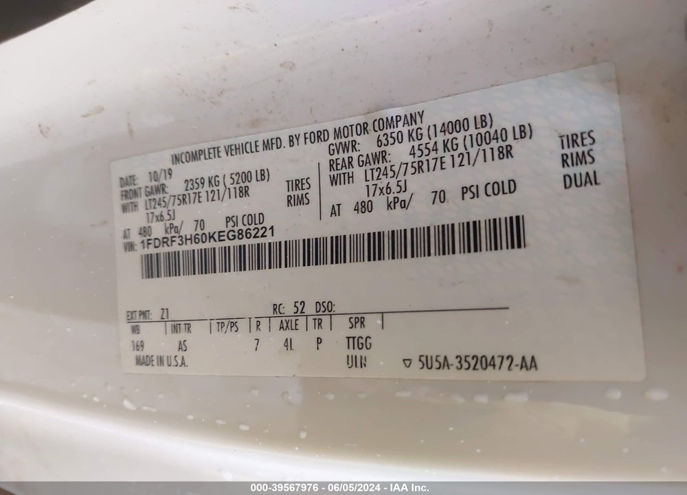 2019 FORD F-350 CHASSIS XL VIN: 1FDRF3H60KEG86221