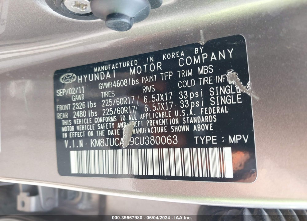 2012 HYUNDAI TUCSON GLS VIN: KM8JUCAC9CU380063
