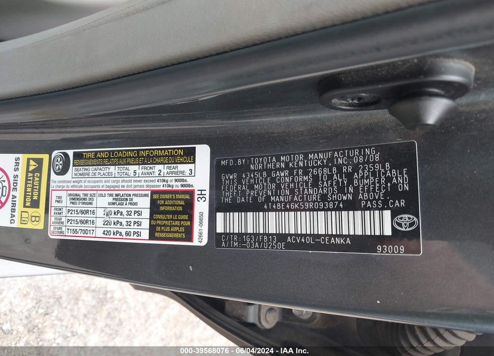 2009 TOYOTA CAMRY LE VIN: 4T4BE46K59R093874