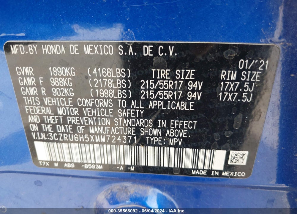2021 HONDA HR-V AWD EX VIN: 3CZRU6H5XMM724371