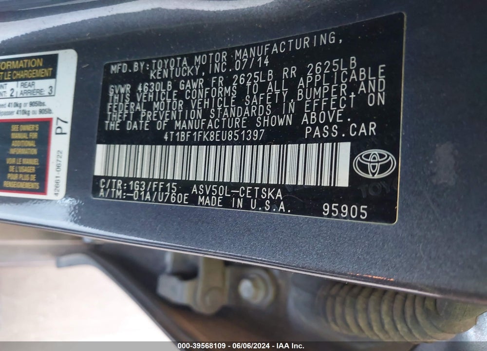 2014 TOYOTA CAMRY SE VIN: 4T1BF1FK8EU851397