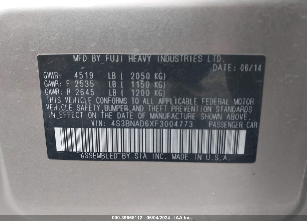 2015 SUBARU LEGACY 2.5I PREMIUM VIN: 4S3BNAD6XF3004773