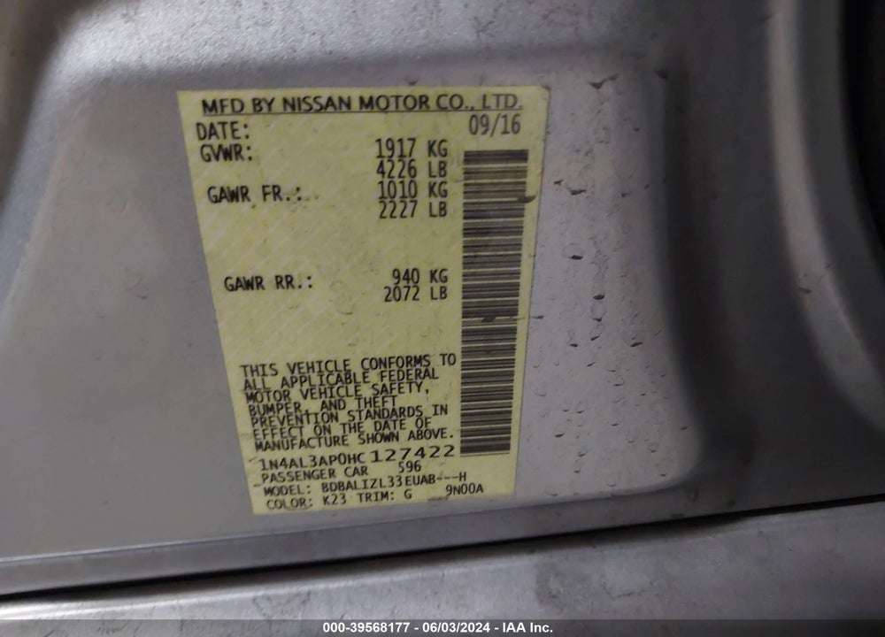 2017 NISSAN ALTIMA 2.5 SV VIN: 1N4AL3AP0HC127422