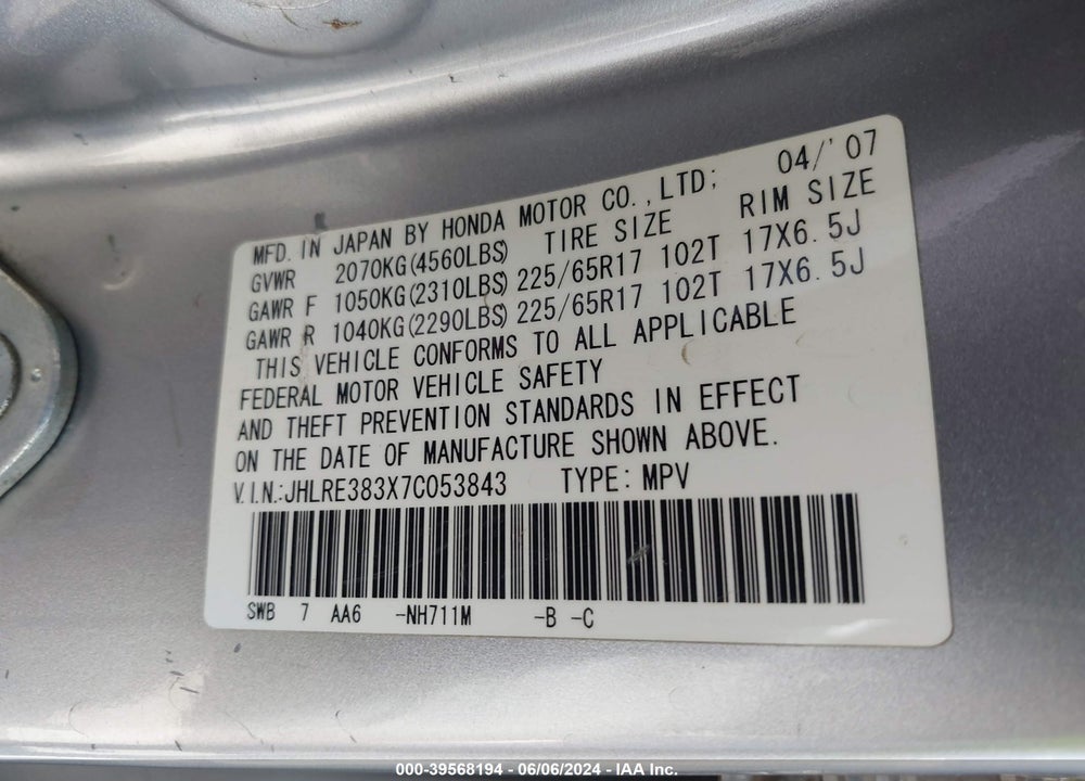 2007 HONDA CR-V LX VIN: JHLRE383X7C053843