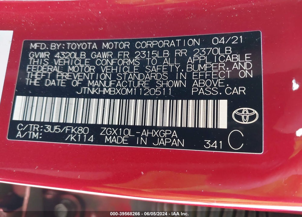2021 TOYOTA C-HR XLE VIN: JTNKHMBX0M1120511