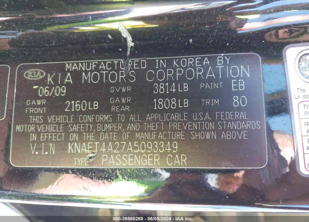 2010 KIA FORTE LX VIN: KNAFT4A27A5093349