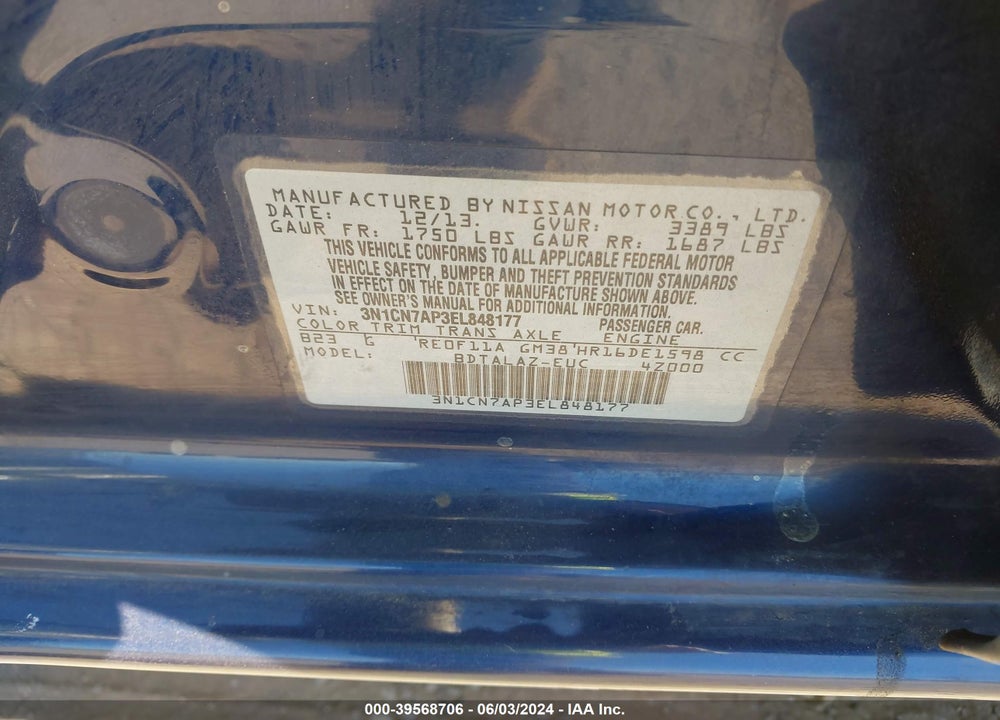 2014 NISSAN VERSA 1.6 S+ VIN: 3N1CN7AP3EL848177