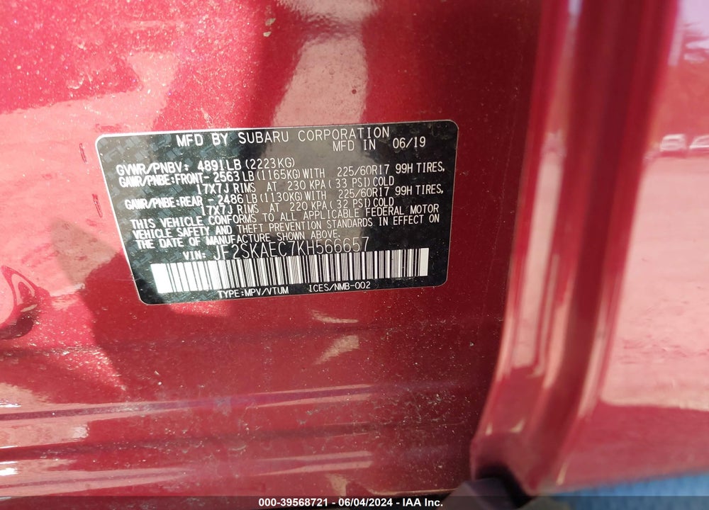 2019 SUBARU FORESTER PREMIUM VIN: JF2SKAEC7KH566657