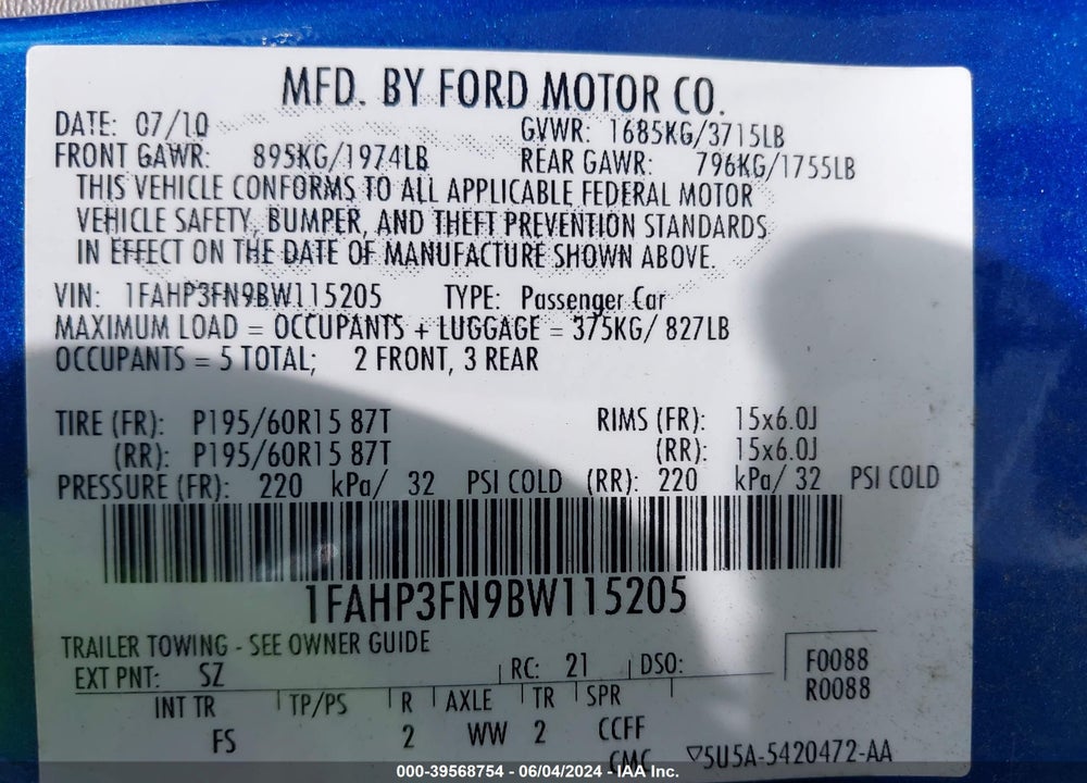 2011 FORD FOCUS SE VIN: 1FAHP3FN9BW115205