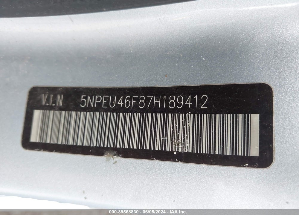2007 HYUNDAI SONATA LIMITED/SE V6 VIN: 5NPEU46F87H189412