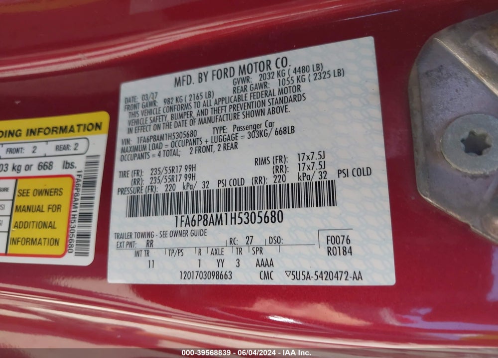 2017 FORD MUSTANG V6 VIN: 1FA6P8AM1H5305680