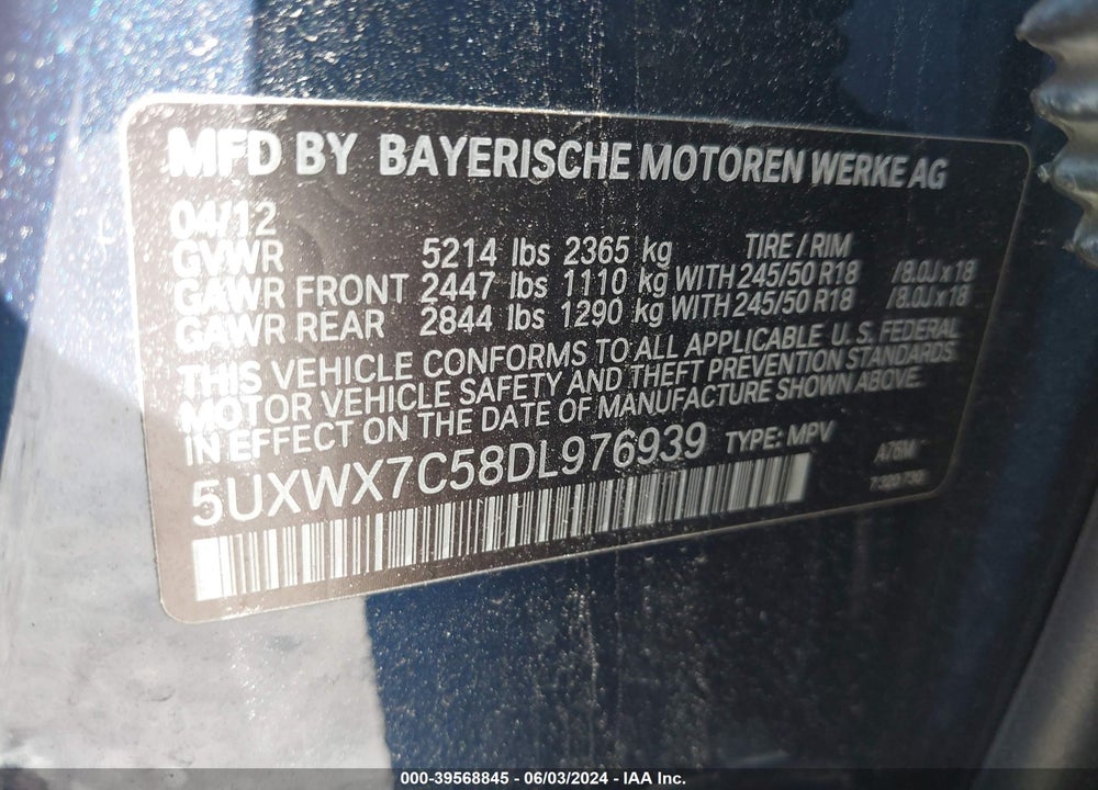 2013 BMW X3 XDRIVE35I VIN: 5UXWX7C58DL976939
