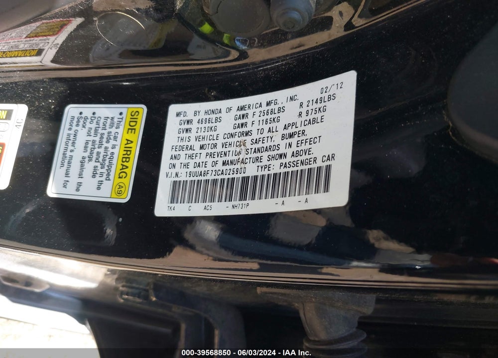 2012 ACURA TL 3.5 VIN: 19UUA8F73CA025900