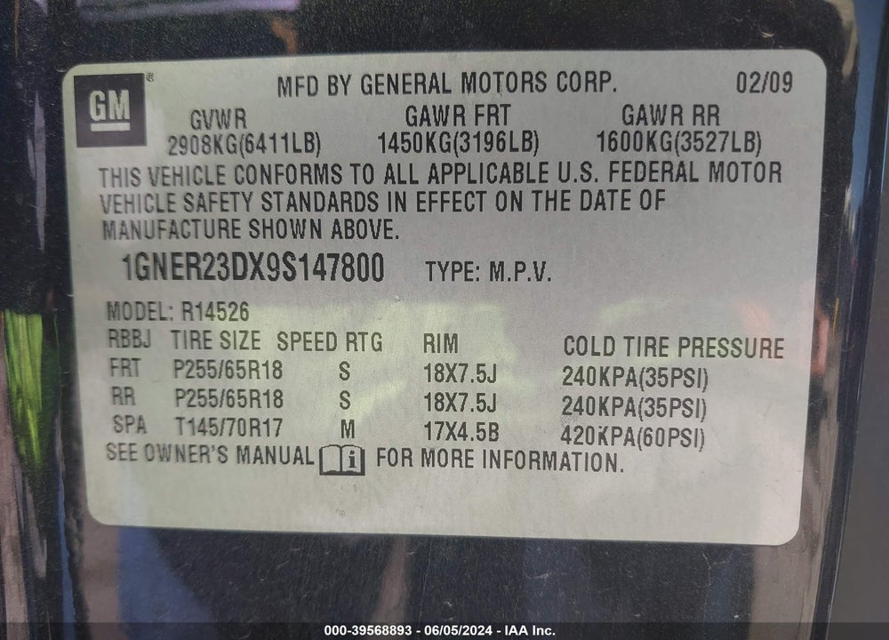 2009 CHEVROLET TRAVERSE LT VIN: 1GNER23DX9S147800