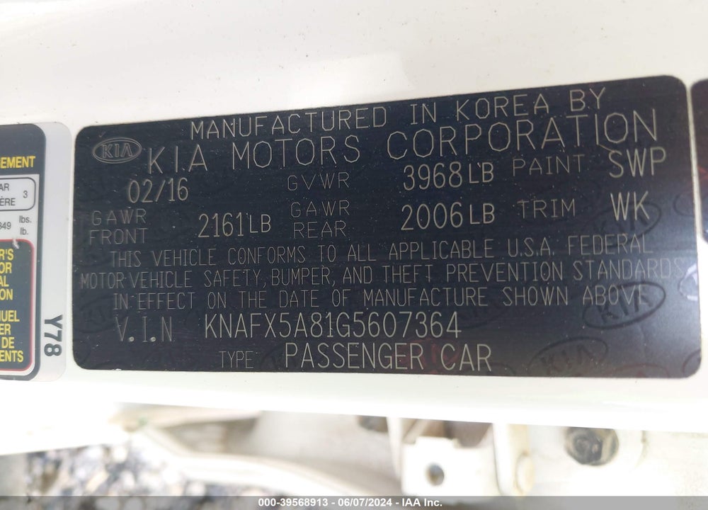2016 KIA FORTE EX VIN: KNAFX5A81G5607364
