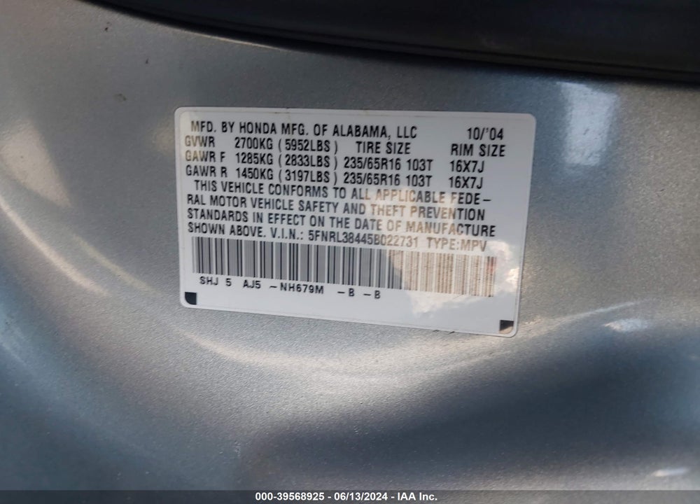 2005 HONDA ODYSSEY EX VIN: 5FNRL38445B022731