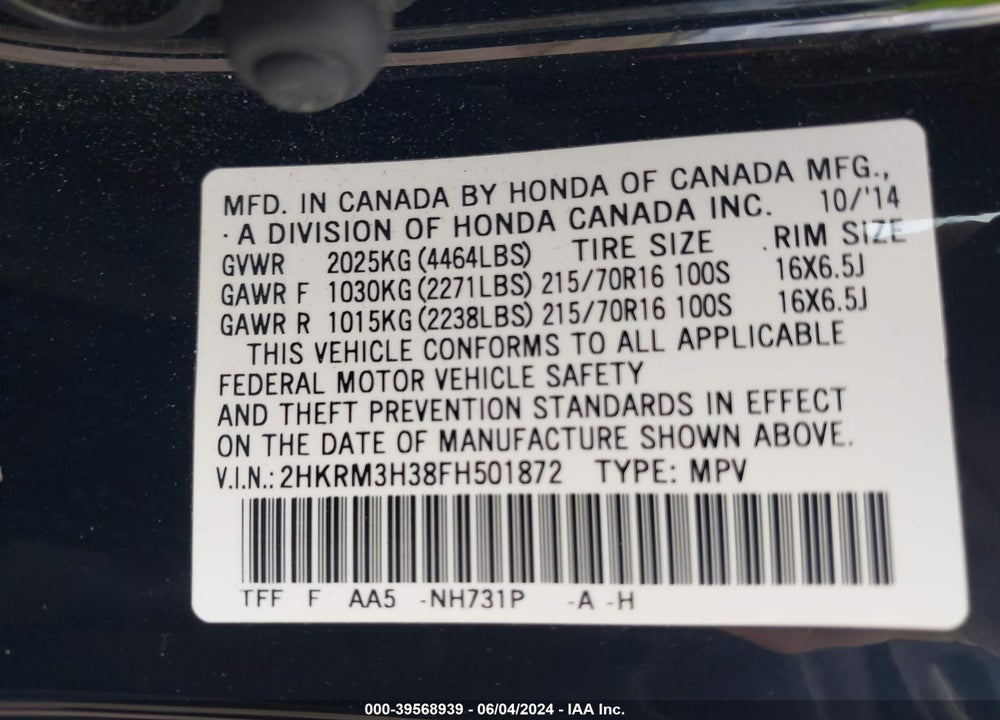 2015 HONDA CR-V LX VIN: 2HKRM3H38FH501872
