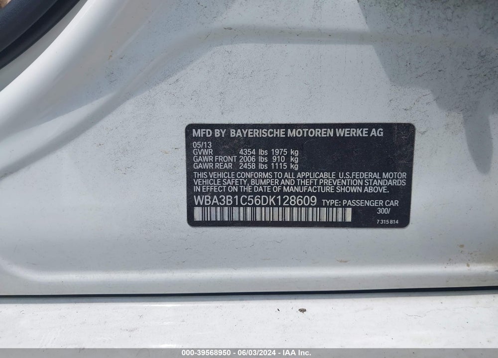 2013 BMW 320I VIN: WBA3B1C56DK128609
