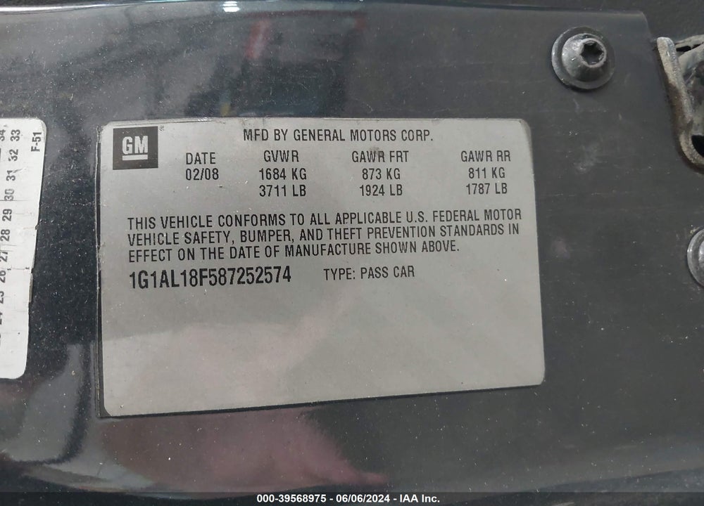 2008 CHEVROLET COBALT VIN: 1G1AL18F587252574
