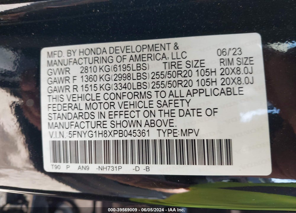 2023 HONDA PILOT AWD ELITE VIN: 5FNYG1H8XPB045361