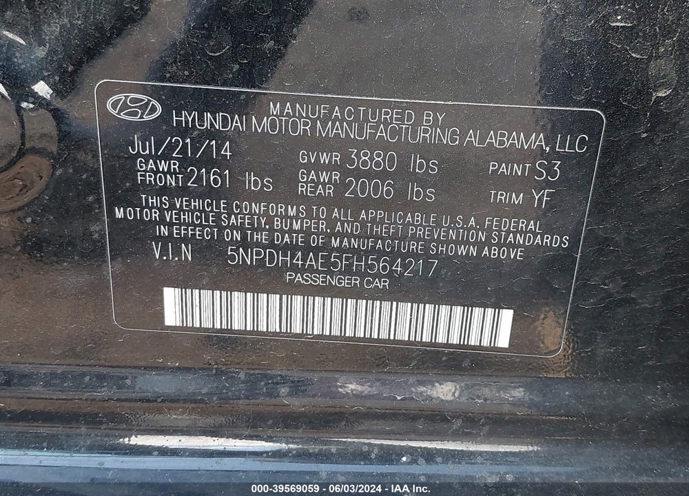 2015 HYUNDAI ELANTRA SE VIN: 5NPDH4AE5FH564217