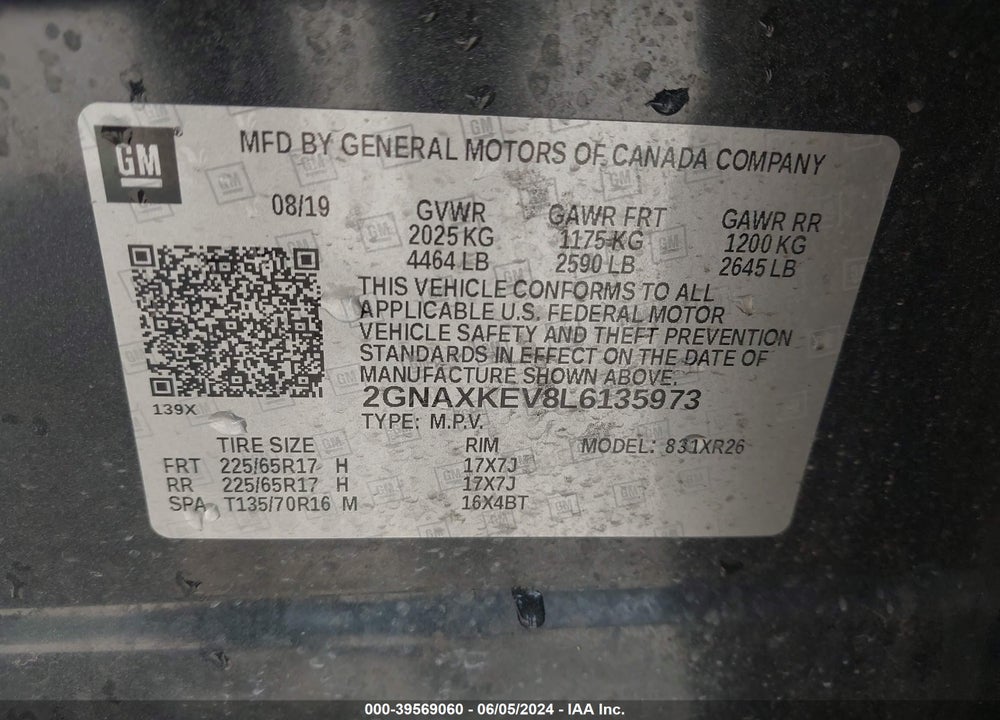 2020 CHEVROLET EQUINOX FWD LT 1.5L TURBO VIN: 2GNAXKEV8L6135973