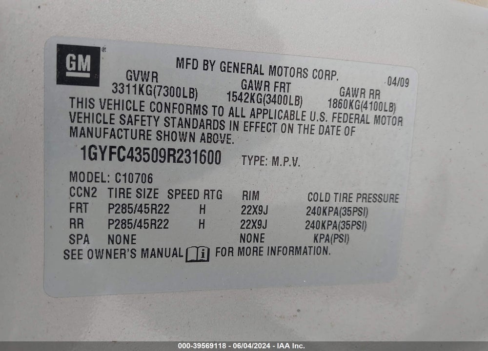 2009 CADILLAC ESCALADE HYBRID STANDARD VIN: 1GYFC43509R231600