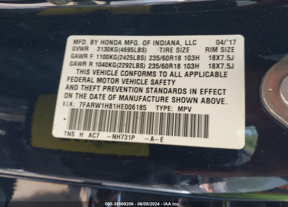 2017 HONDA CR-V EX-L/EX-L NAVI VIN: 7FARW1H81HE006185