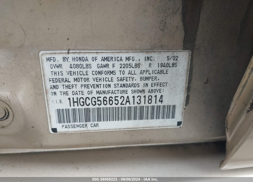 2002 HONDA ACCORD EX VIN: 1HGCG56652A131814