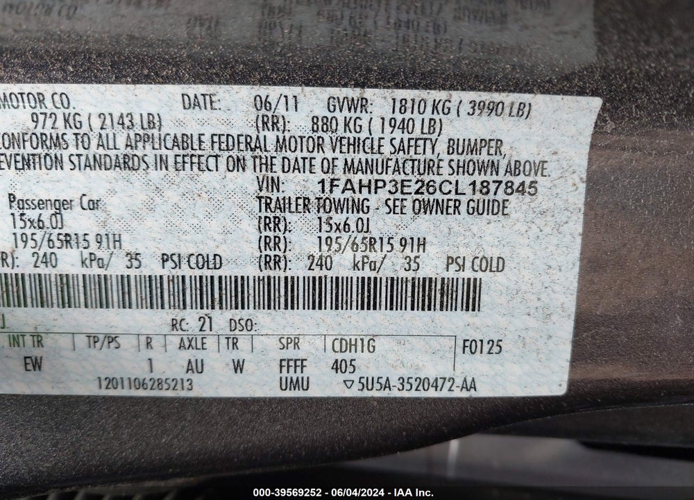 2012 FORD FOCUS S VIN: 1FAHP3E26CL187845