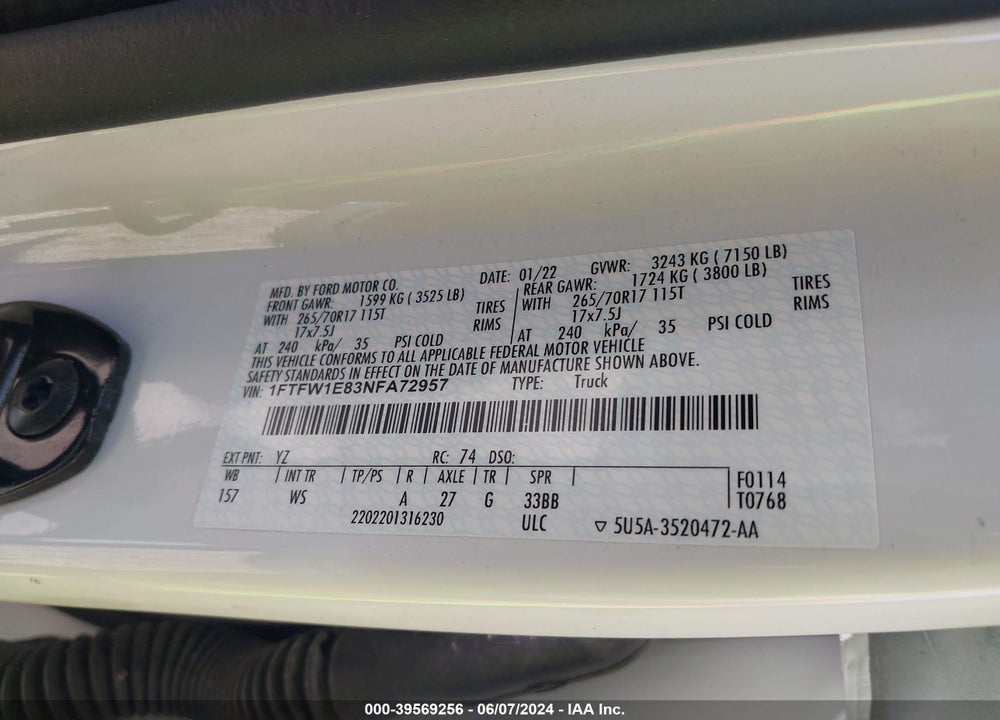 2022 FORD F-150 XL VIN: 1FTFW1E83NFA72957