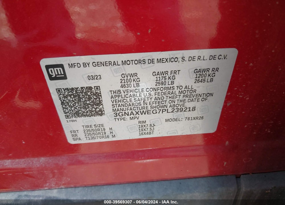 2023 CHEVROLET EQUINOX VIN: 3GNAXWEG7PL239218