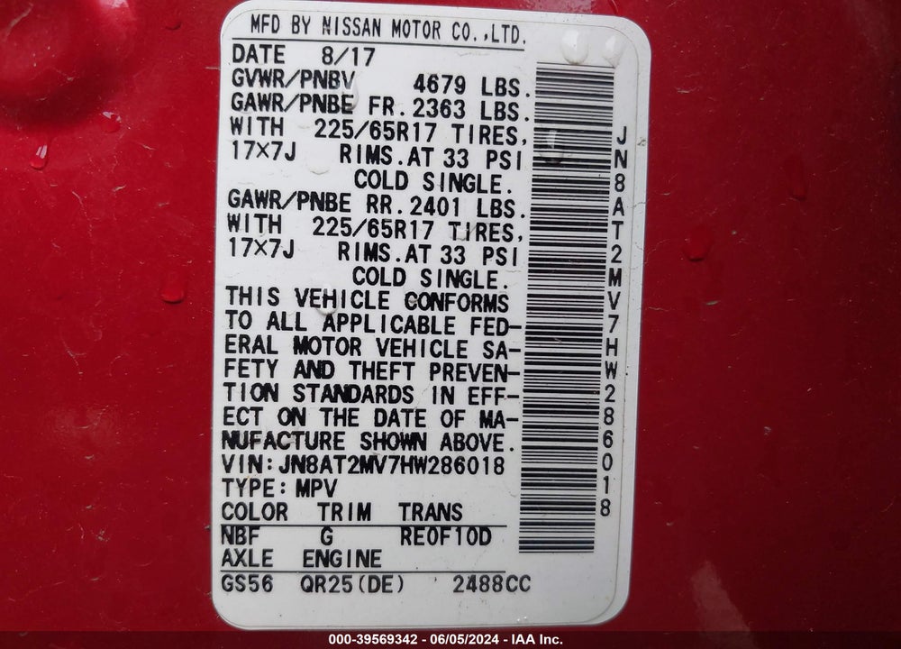 2017 NISSAN ROGUE SV VIN: JN8AT2MV7HW286018